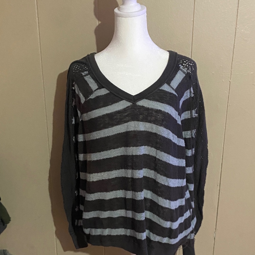We The Free Striped Black and Gray V-Neck Sweater